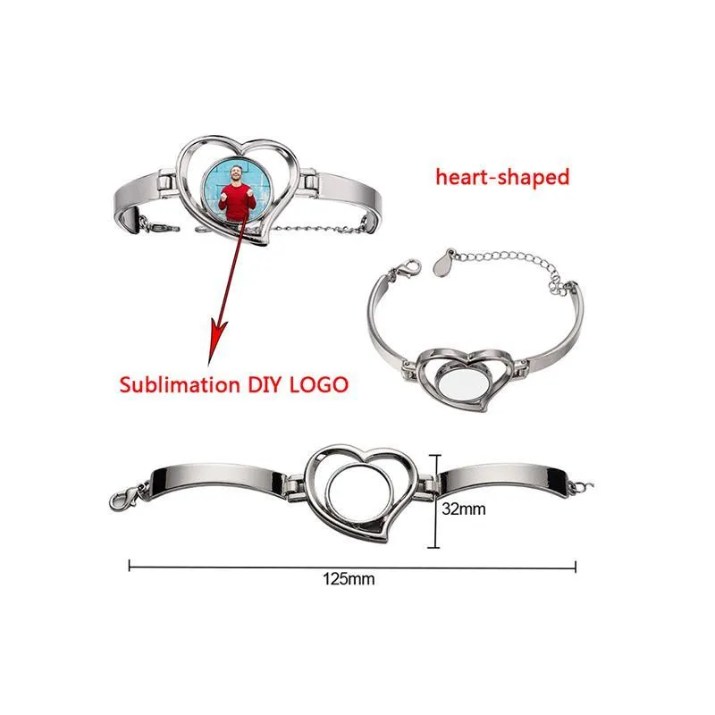Sublimation Heart Shape Bangles Favor Zinc Alloy Adjustable Bracelets Blank DIY Wrist Jewelry Round Chain Charm Ornaments
