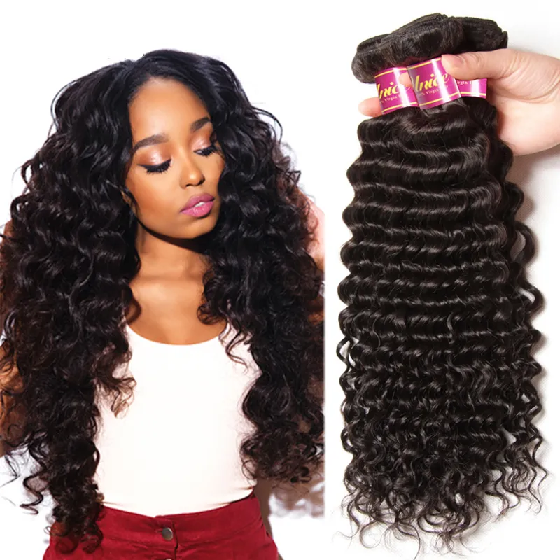 Бразильский человеческий Remy Virgin Hair Deep Wave Волосы Weaves Наращивание Волос Натуральный Цвет 100 Г / Пачка Двойная Wefts 3 Sourdles / Лот
