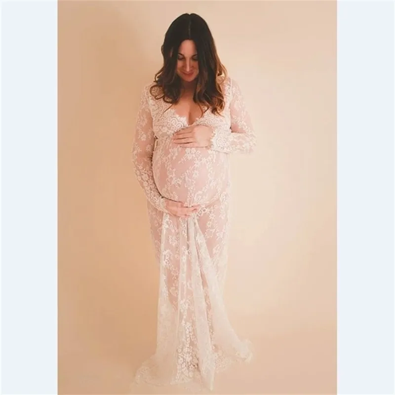 Maternity Pography Props Maxi 임신 옷 레이스 드레스 멋진 슈팅 PO 여름 임신 드레스 S-4XL 210721