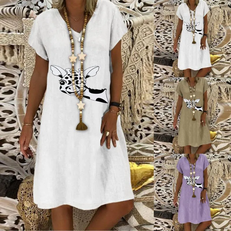 Kvinnors badkläder Summer Floral Print Boho Beach Mini Dress 2021 Fashion Casual O-Neck Cotton Linen Giraffe Kort ärm