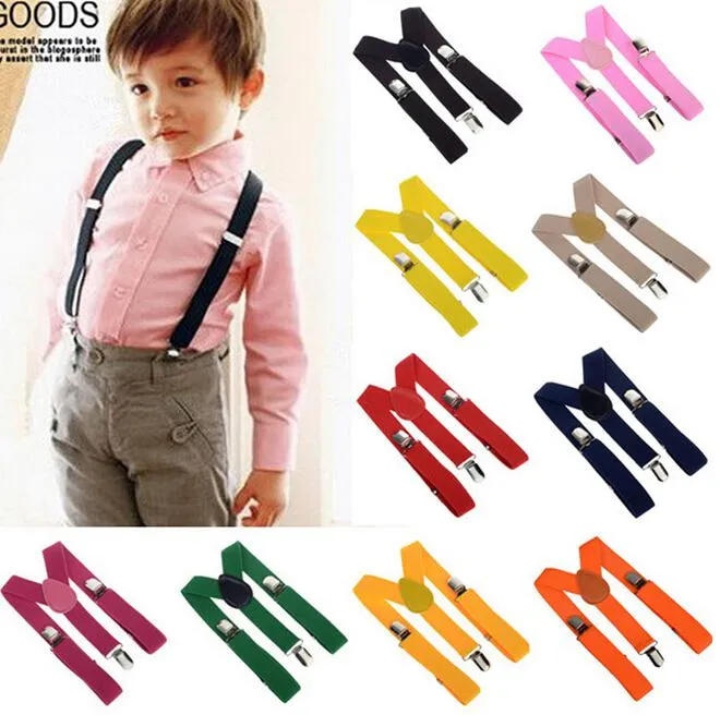 Boutons de manchette Fermoirs à cravate, punaises Enfants Garçon Filles Couleurs bonbon Bretelles réglables à clipser Pantalon unisexe Entièrement élastique Y-back Porte-jarretelles Bretelles 26 couleurs Drop Shipping