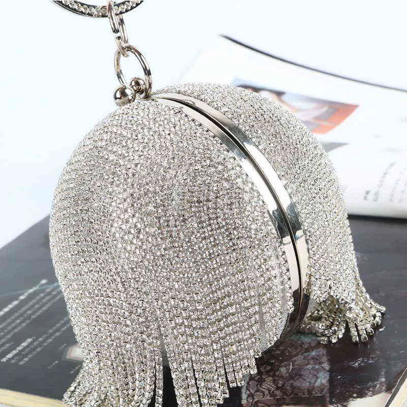 NXY Evening Bolsas Sliver Diamantes Rhinestone Rodada Bola Para As Mulheres 2022 Moda Mini Borlas Bolsas De Embraiagem Senhoras Anel Anel Bolsa Embreagens 220210