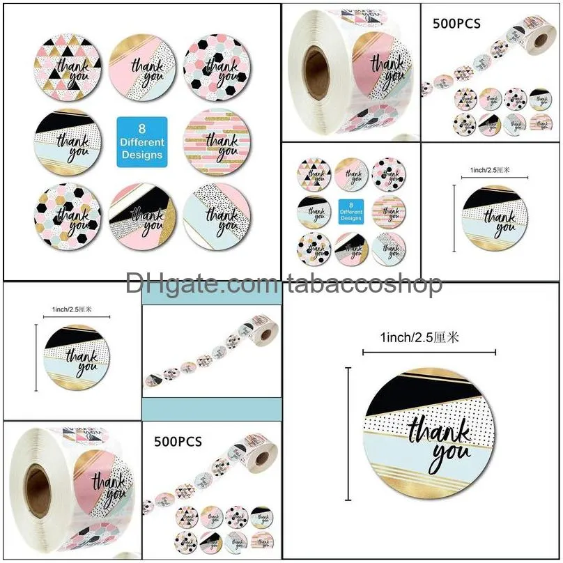 Roll Gift Package Thank You Stickers Labels with eight Designs 1inch 500pcs Strong Adhesive Gifts Boxes Packaging Label Sticker