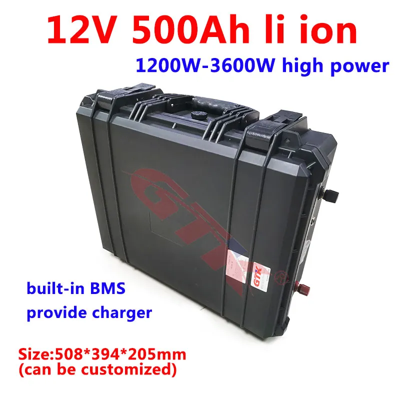GTK Uppladdningsbar 12V 500AH Lithium Li Ion Batteripack med BMS för 3600W Solpanel Ackumuleringssystem Moderhome + 20A laddare