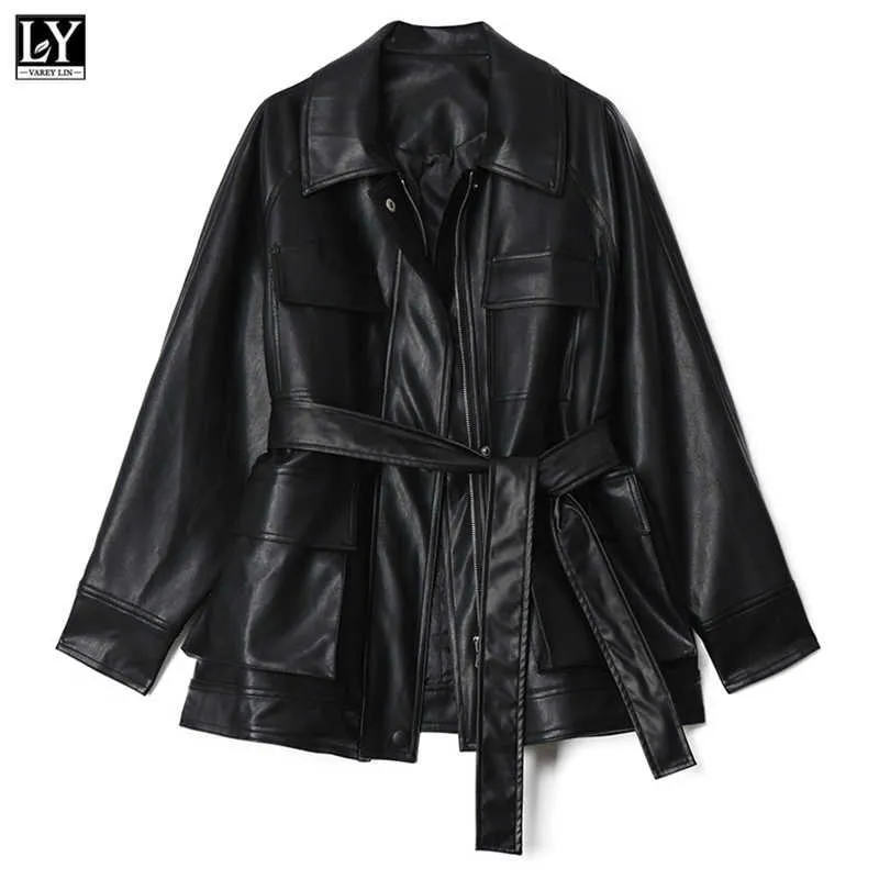 Ly Varey Lin femmes Faux cuir souple vestes amples Vintage moyen Long simple boutonnage ceinture cravate noir Punk manteaux 210526