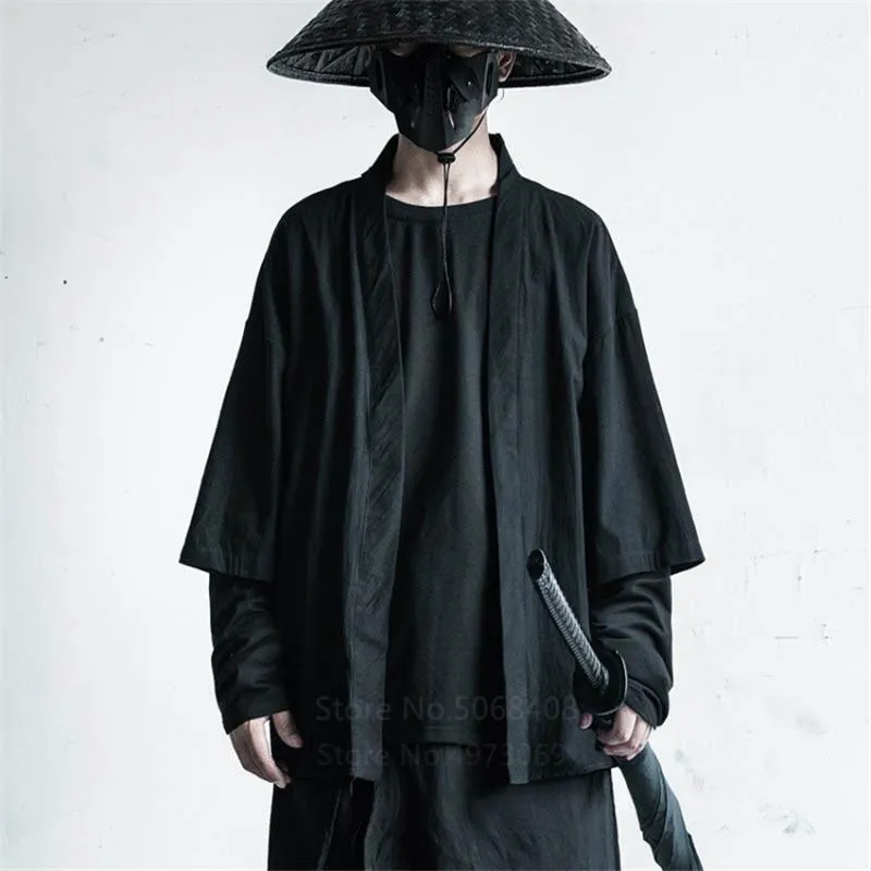 Etnik Giyim Japon Tarzı Yukata Erkekler Geleneksel Kimono Hırka Siyah Ceket Ceket Harajuku Kış Samuray Moda Gotik Kostümler1