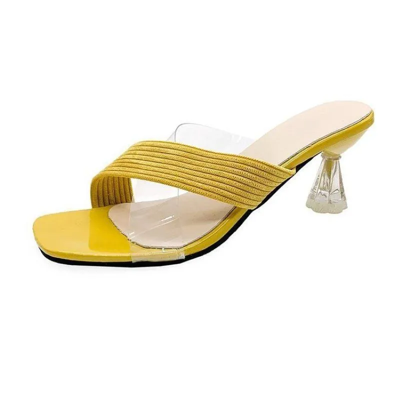 Slippers Summer Sandals متماسكة النساء الهلام الشفافة PVC Square Toe Sexy Gladiator High Heels Party Cross Zapatilla