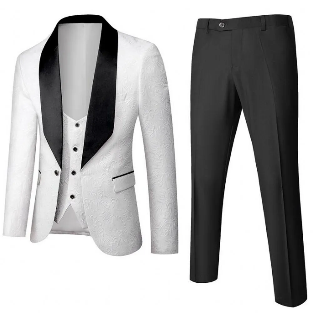 2022 классные черные свадьбы смокинги мужские костюмы Slim Fit Shaw Sakel Prom Bestman Groomsmen Blazer Designs 3 частей набор (куртка + жилет + брюки + лук) на заказ реальное изображение B2023
