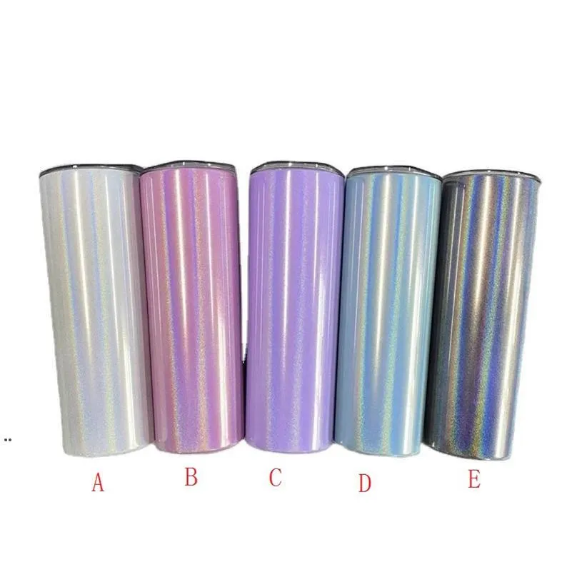 20 uncji Blank Sublimation Skinny Kubek Tumbler Z Słomy Ze Stali Nierdzewnej Brokat Kubki Wino Rainbow Izolowane Kawa Piwo Kubki LLB8869