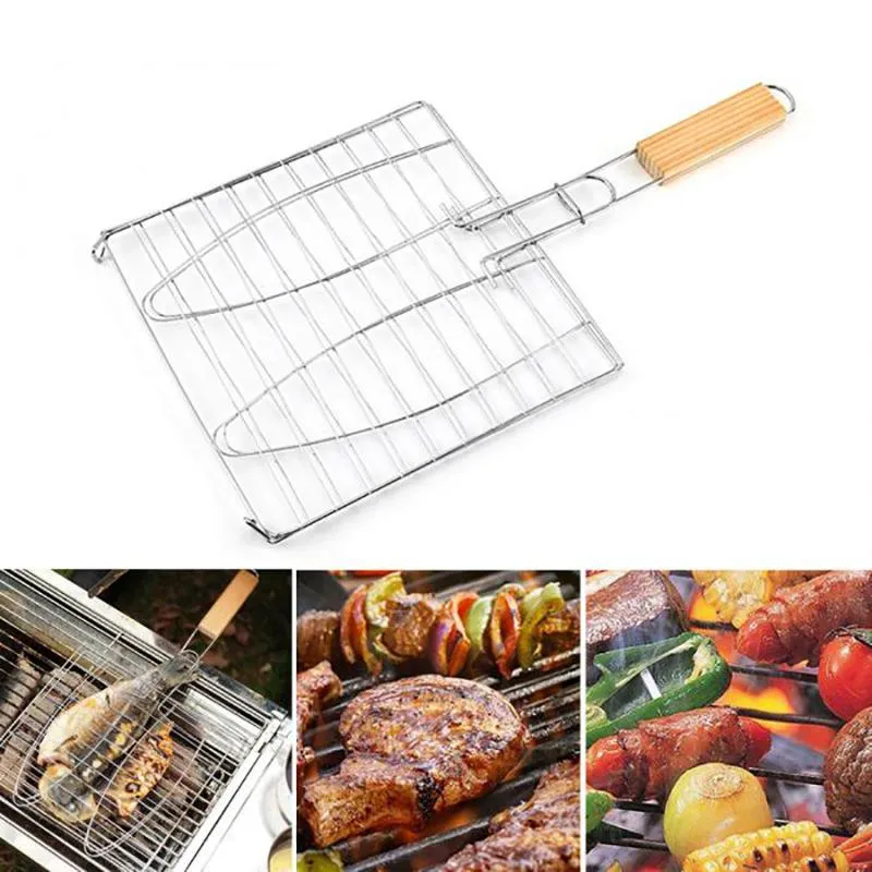 Outils accessoires Portable en acier inoxydable antiadhésif griller panier BBQ Barbecue outil gril maille filet pour légumes Steak pique-nique partie