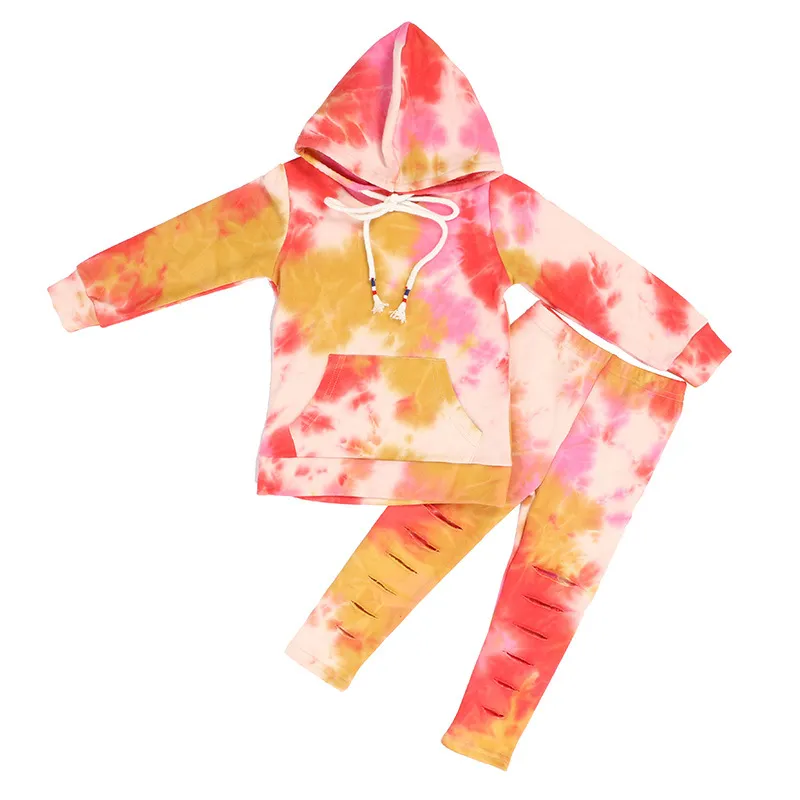 new design kids girls fall clothes set jacket with hat long pants fall outfits Pure cotton tie dye boutique clothes sets hot sale 428 Y2