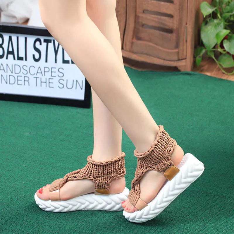 New Design Women Platform Sandals Hand Woven Sexy Summer Creepers Thick Heel Flat Shoes Zapatos Mujer Female platform slippers X0728