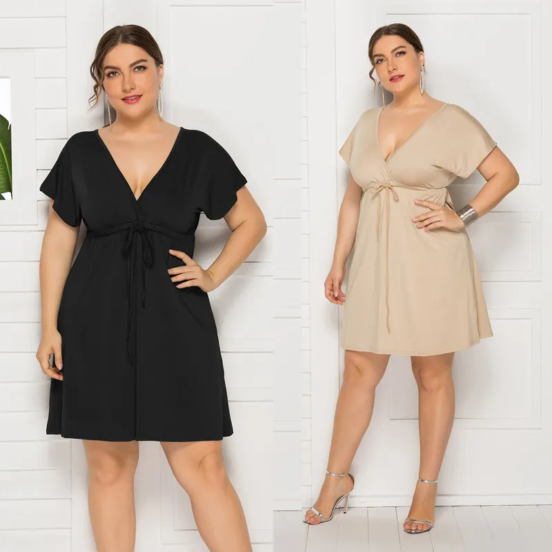 Plus Size Dress Mulheres Verão Praia Sólida Vestido Lace-up Sexy Manga Curta Backless Profunda V-Pescoço Oversize Casual Vestidos 4xl