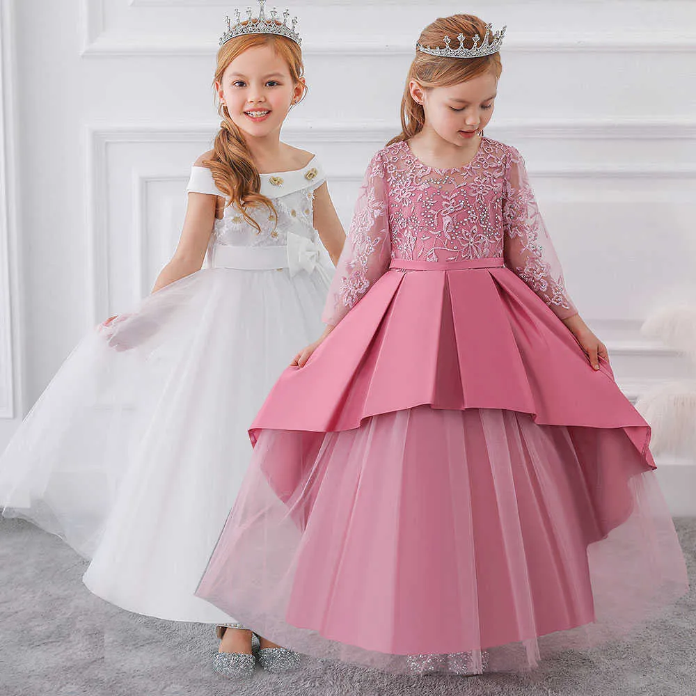 2021 Teen Party Girls Suknia Ślubna Z Długim Rękawem Koronki Kwiat Party Tulle Princess Birthday Dress Suknia Dla Dziewczyn 4-14 lata q0716