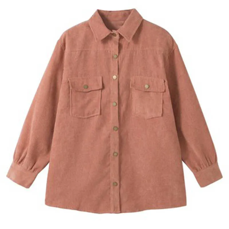 おそらくU女性ピンクの緑色のターンダウンカラー長袖ポケットボタンCordurooyジャケット薄いハイ通り秋C0435 210529