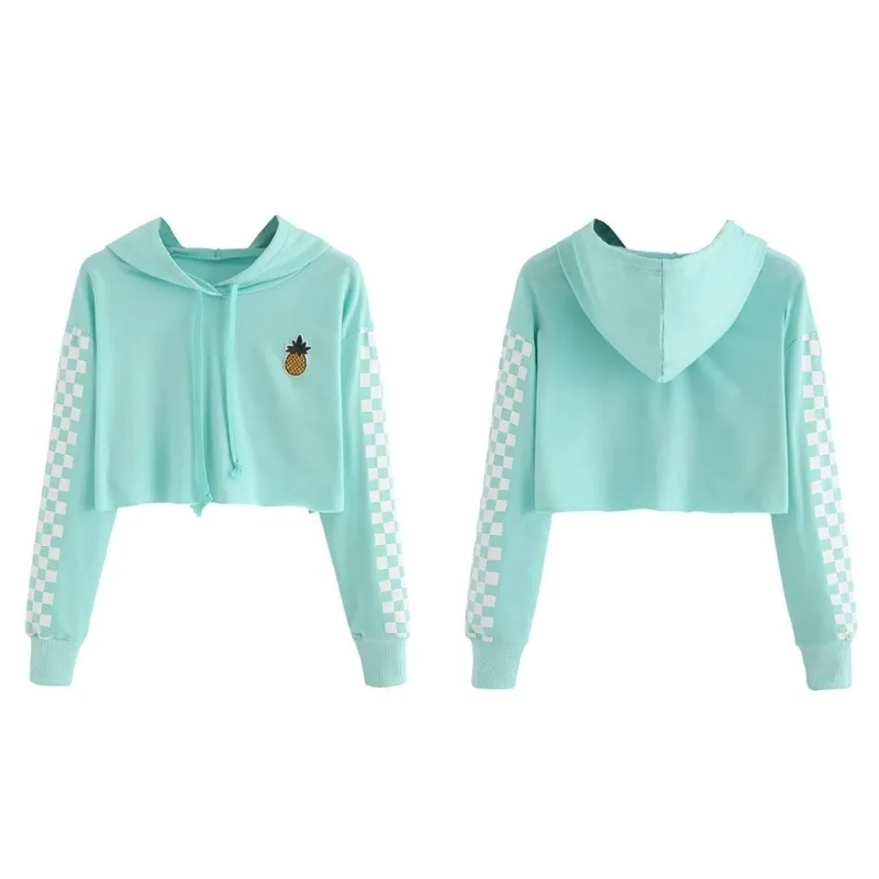 Womens Crop Tops Sweatshirt Pineapple Embroidery Gingham Plaid Hoodies Pullover LJ201103