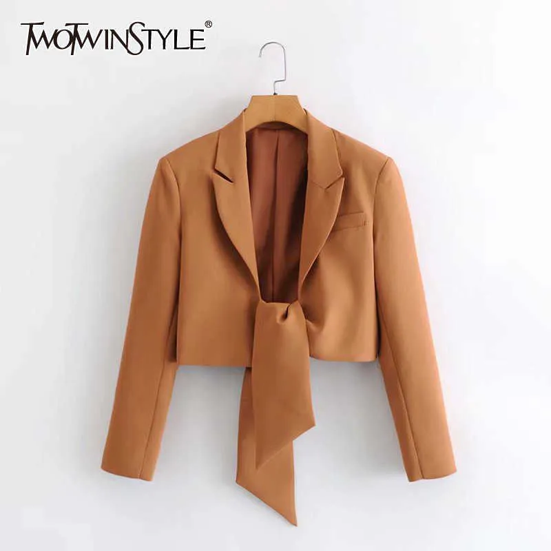 Twotwinstyle Minimalista Blazer Blazer para mulheres entalhadas manga longa Lace Up Straight Blazers Feminino Primavera moda estilo estilo x0721