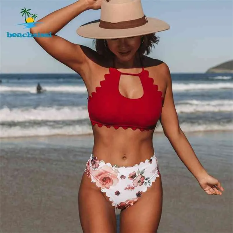 Beachsissi Stringy Selvedge Taille Haute Fleur Imprimer Bikini Ensemble Femmes Maillots De Bain Floral Bating Costume Noeud Avant Beachwear 210621