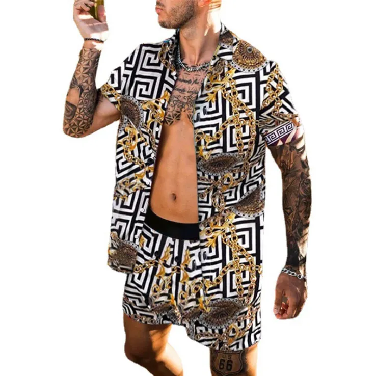 Camisa de manga curta com estampa de corrente e agasalhos de treino soltos para homens Conjuntos de roupas de verão Havaí Conjunto de top e shorts de duas peças
