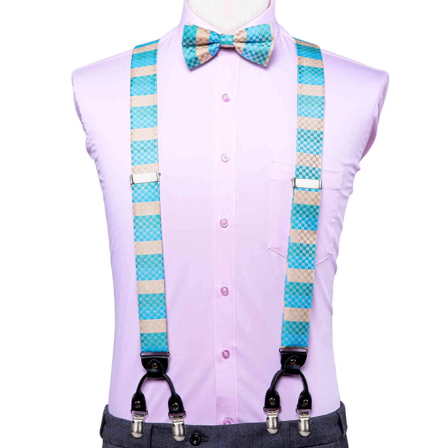 Hi-Tie 6 Clips on Men Suspenders Braces 35mm Wide Vintage Fashion Elastic Adjustable Suspender and Bow Tie for Wedding Party