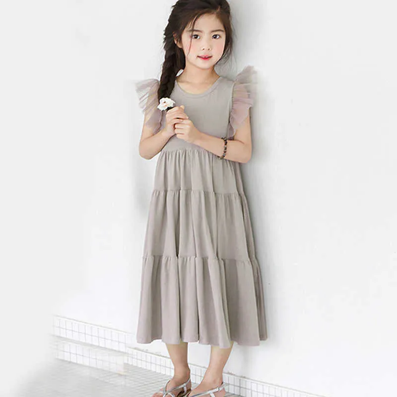 2020 Ny sommarflickor Drkorea Style Princparty Dresses Teenager Mesh Sleeve Patchwork Cake Drocute Barnkläder X0803