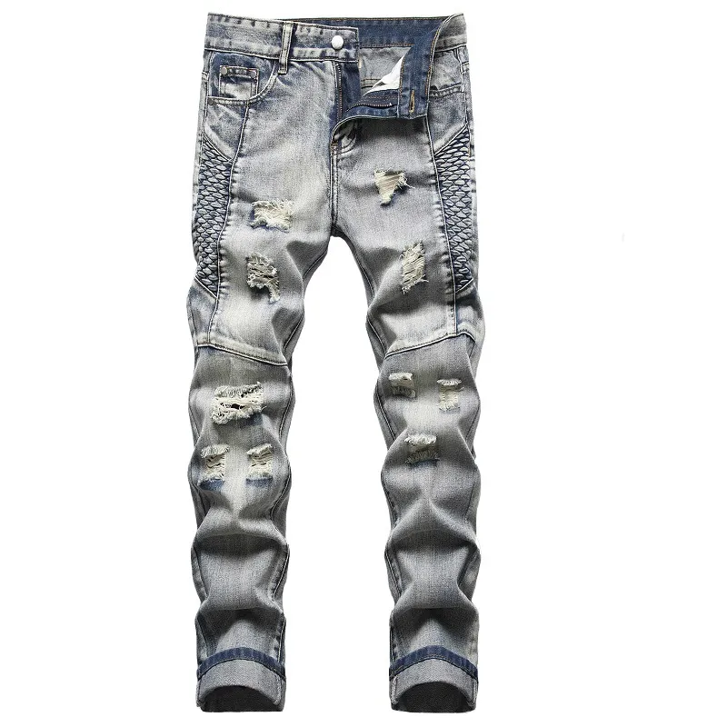 Hommes Stretch coupe ajustée jean mode lambrissé droit Biker Denim pantalon grande taille moto hommes Hip Hop pantalon pour homme JB961