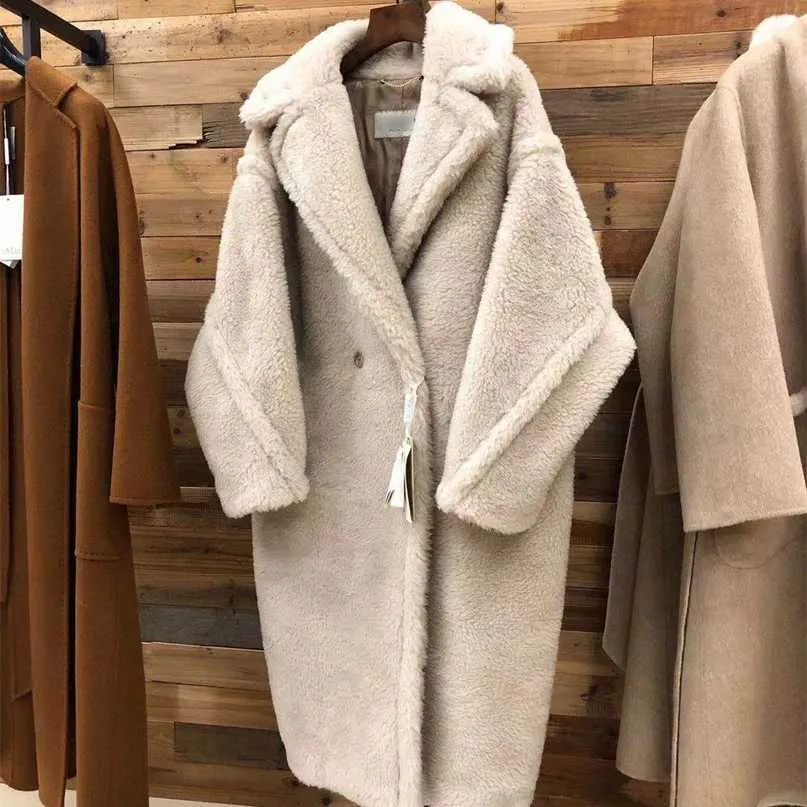 Ladies Teddy Bear Fur Outerwear Camel Wool Loose Winter Warm Thick Medium Length Cashmere High-end Overcoat For Women 211018