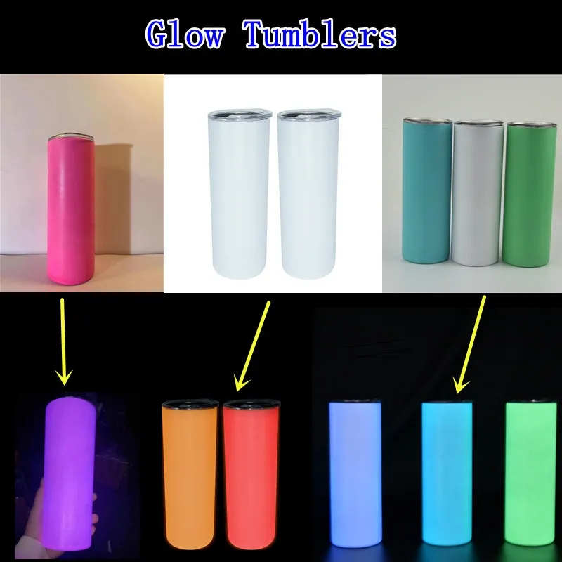 Glow in the Dark Tumblers Nieuwe kleuren Sublimatie Spaties 20oz Rechte magere tuimelaar met stro -deksel roestvrijstalen dubbelwanden geïsoleerde vacuüm slanke waterfles