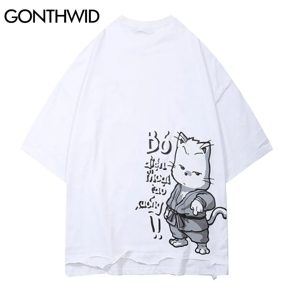Gonthwid Tshirts Harajuku 힙합 캐주얼 만화 고양이 인쇄 찢어진 구멍 짧은 소매 면화 티셔츠 느슨한 스트리트웨어 티셔츠 C0315