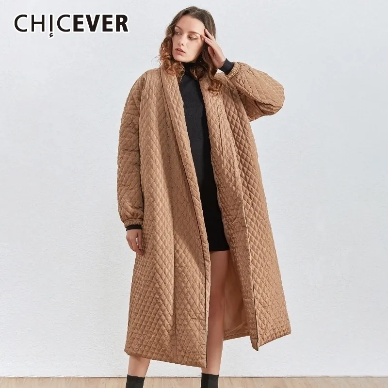 CHICEVER coréen Plaid coton manteau pour femmes revers col lanterne manches surdimensionné lâche décontracté longue femme Parkas hiver nouveau 201006