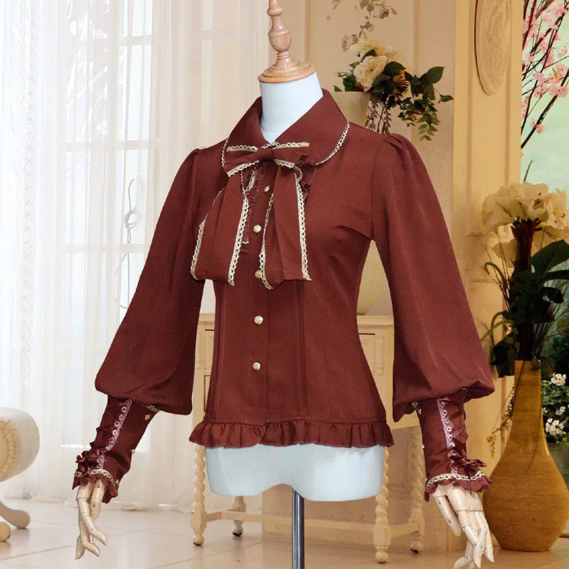 Camisa Vestido Steampunk Traje Victorian Mulheres Vintage Slim Fit Chiffon Blusa Lolita Lixita Lanterna Lanterna Sleeves Top trança para senhora 210225