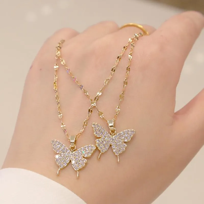 Pendant Necklaces Stainless Steel Butterfly Crystal Necklace Women Fashion Jewelry Simple Choker Collares Temperament Pendants