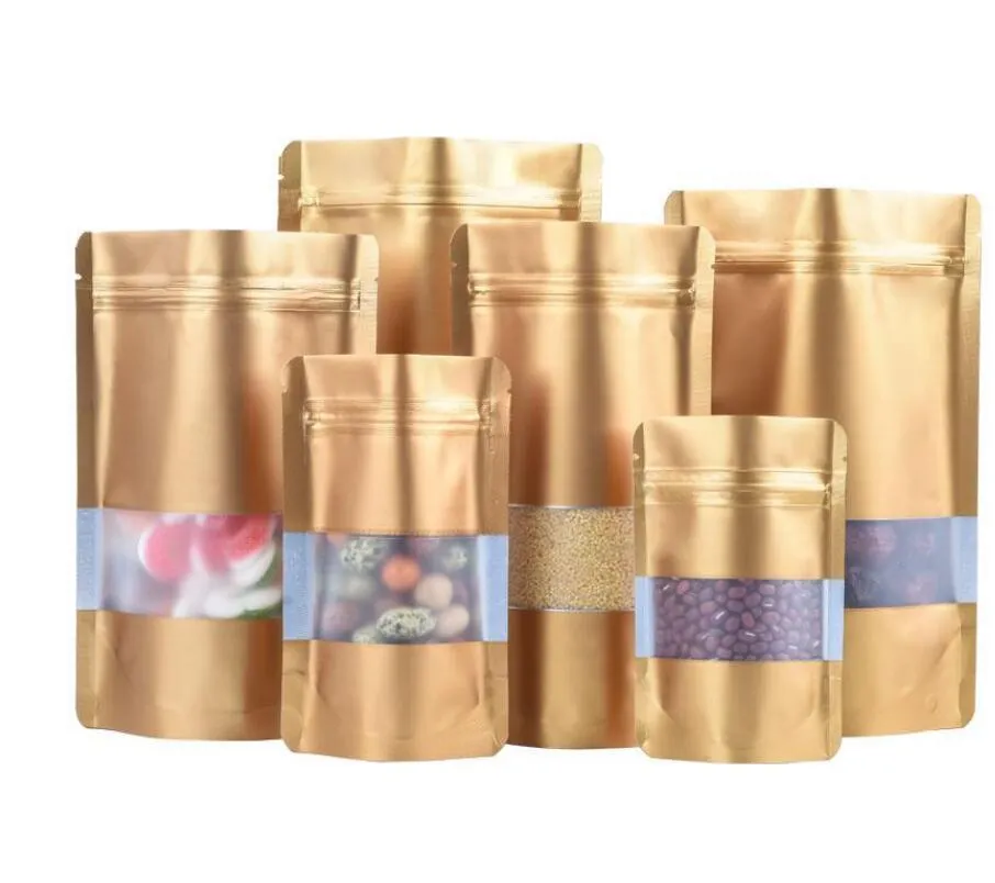 9 Tamanho Golden Stand Up Saco De Alumínio Da Folha Com Janela Clear Bolsa De Plástico Zipper Reclosable Food Storage Embalagem Saco