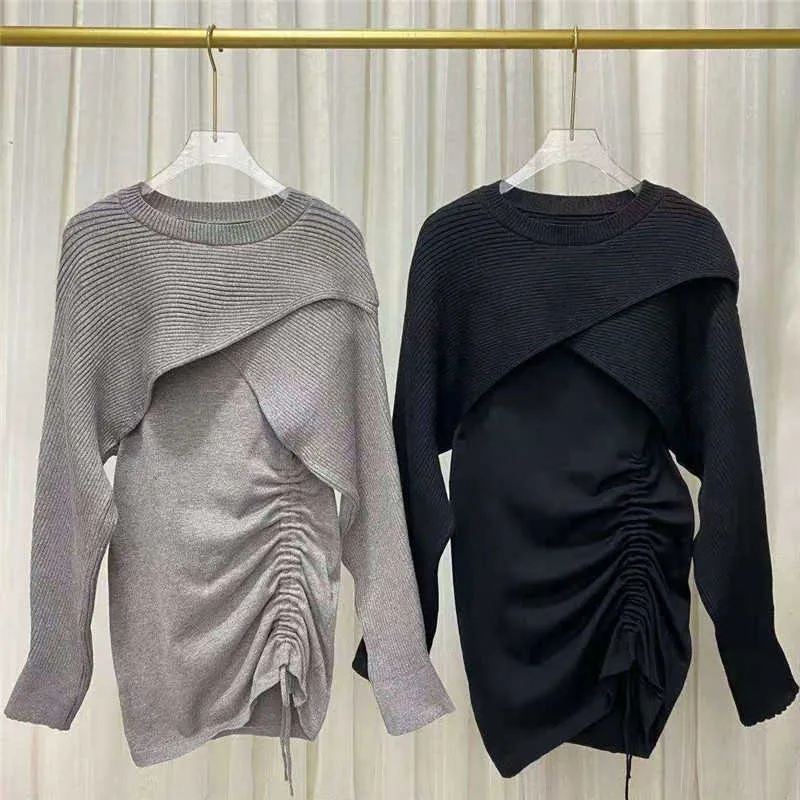 All-match Autumn Sexy Grey Wrap Hip Strap Drawstring Knitted Dress Mini O Neck Full Pullovers Cape Shawl Sweater Tops Black 210610