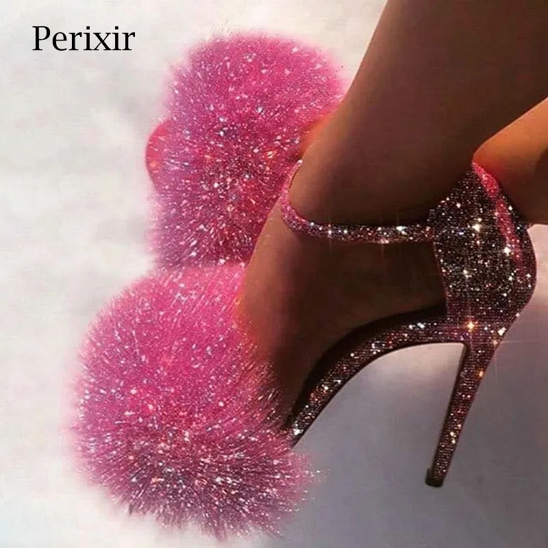 Perixir Moda Glitter Topuklu Tasarımcılar Yaz Ayakkabı Kadınlar Stiletto Sandalen Toe Açık Fluff Strappy Ince Yüksek Kürk Sandalet 0227