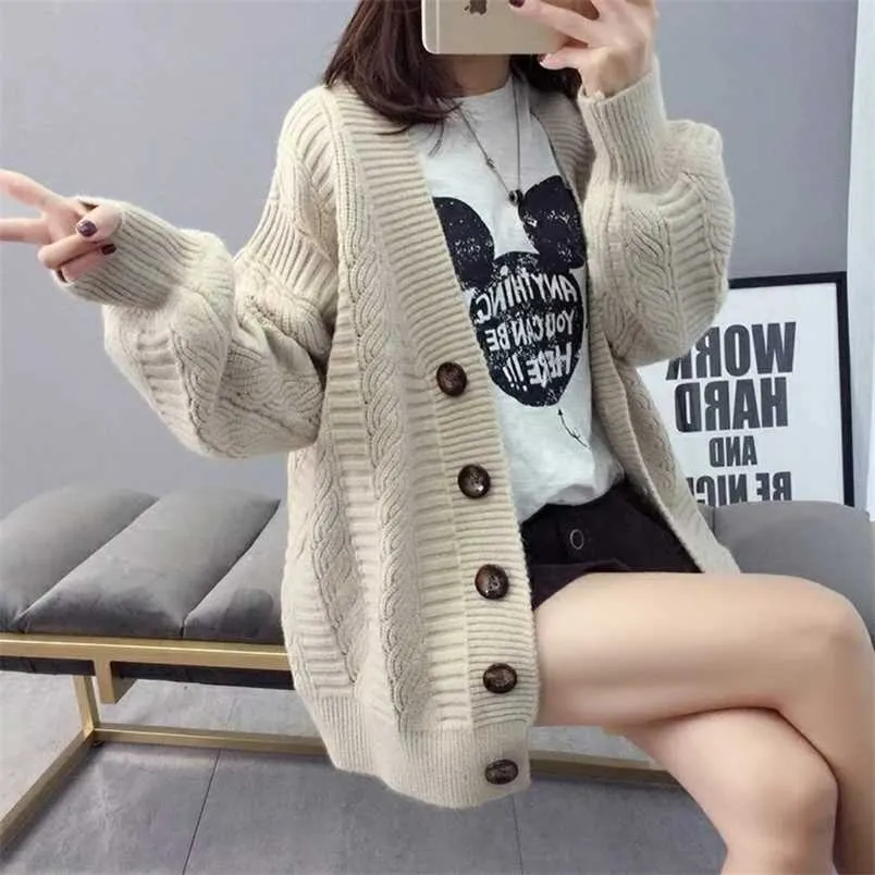 Sweater cardigan jacket female loose Korean student spring and autumn sweater trend round button net red sale old K 211007