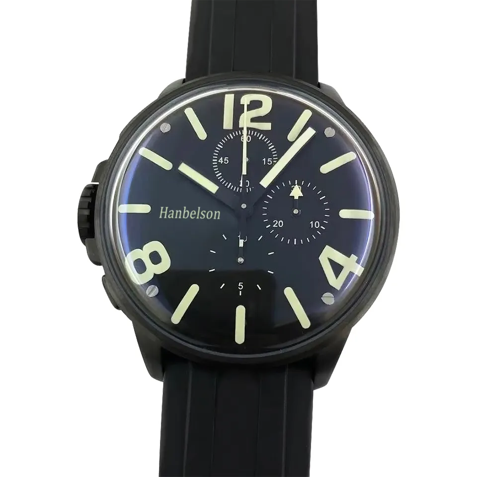 2021 Sport Style Mens Watch Luminous Convex glass Black Shell Quartz VK67 multifuncional cronômetro Relógios esquerdos Pulseira de borracha Relógio de pulso azul marinho Hanbelson