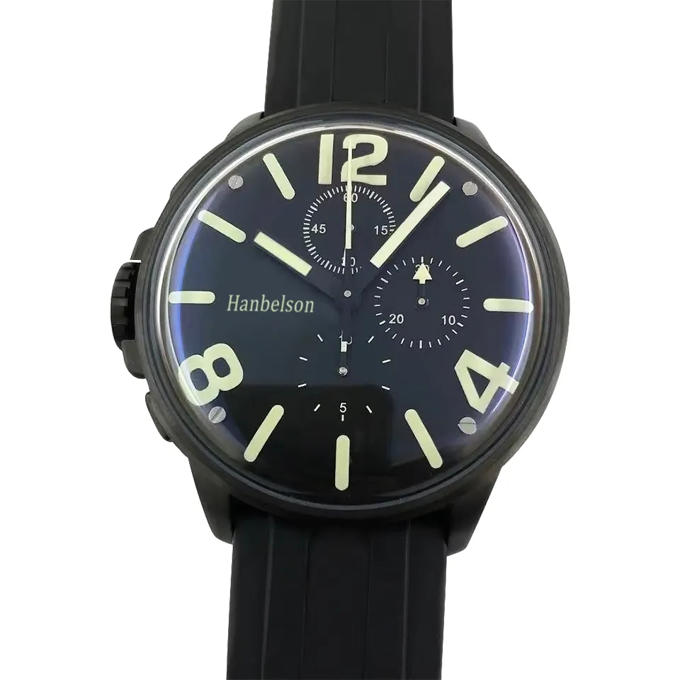 2021 Sport Style Mens Watch Luminous Convex glass Black Shell Quartz VK67 multifunction stopwatch Left hand watches Rubber strap Navy WristWatch Hanbelson