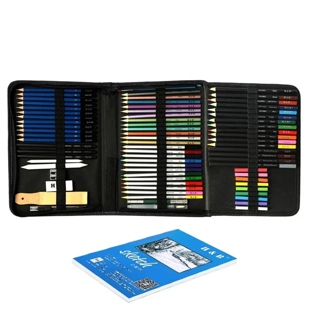 HB HB-CBPB074-2 74 pcs Crayons de croquis de couleur sertie d'un boîtier de la fermeture à glissière de haute qualité pour des fournitures d'art professionnelles