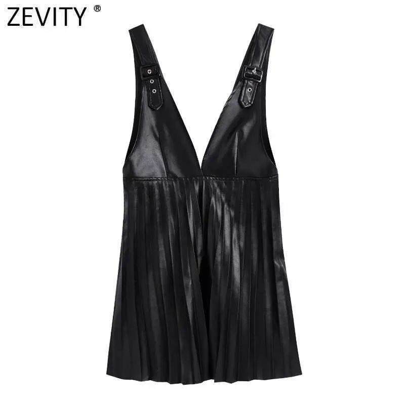 Zevity Donna Vintage Profondo Scollo a V Ecopelle Gilet a pieghe Gonna Cinghie regolabili Mini abito casual Chic Vestido Mujer DS4838 210603