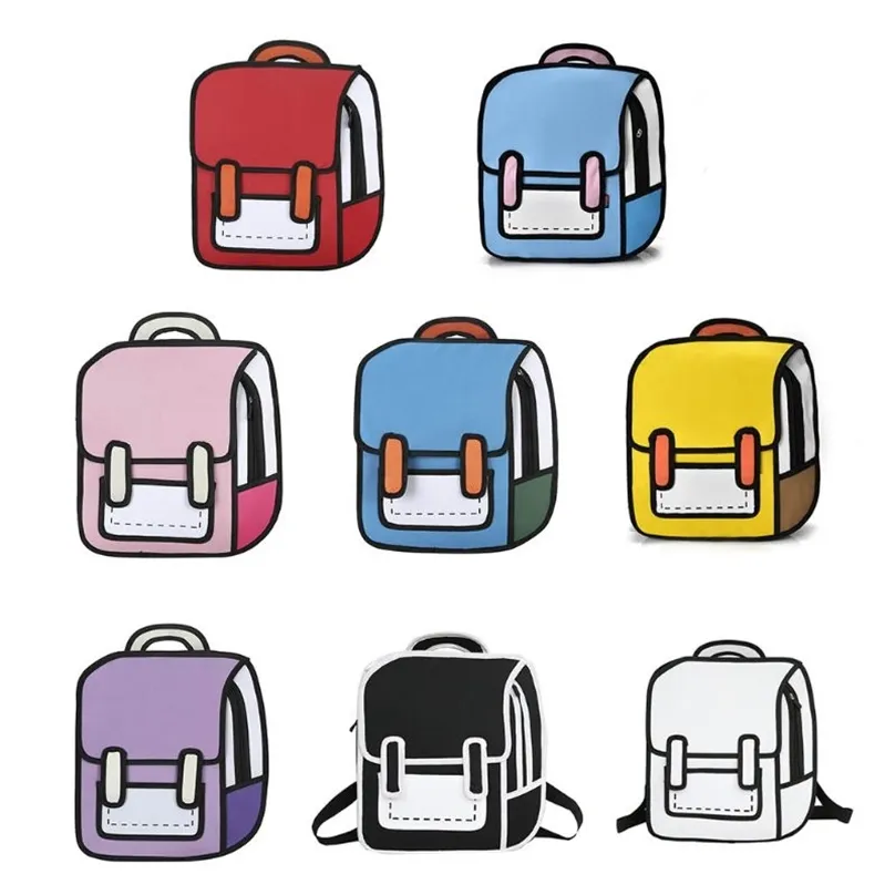 Moda Unisex 2D Çizim Sırt Çantası Sevimli Karikatür Okul Çantası Comic Bookbag Genç Kız Erkek Erkek Daypack Seyahat Sırt Çantası 211021