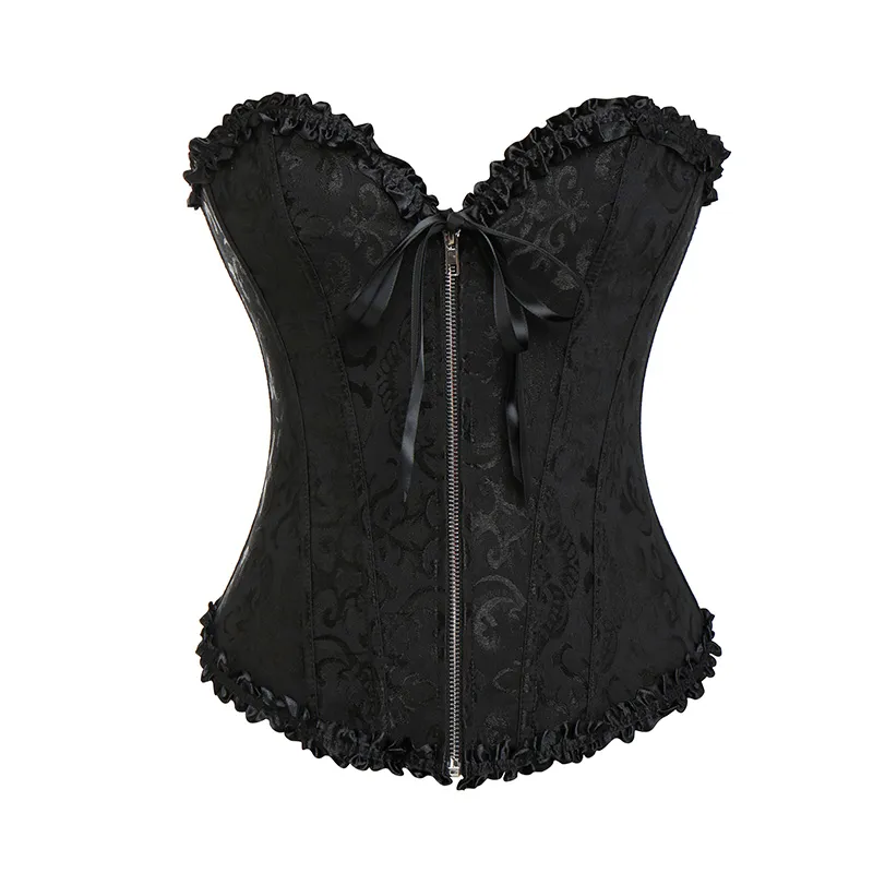 Gothique Brocart Corset Noir Avec Fermeture Éclair Devant Et Dos En Dentelle En Gros Au Détail 8107