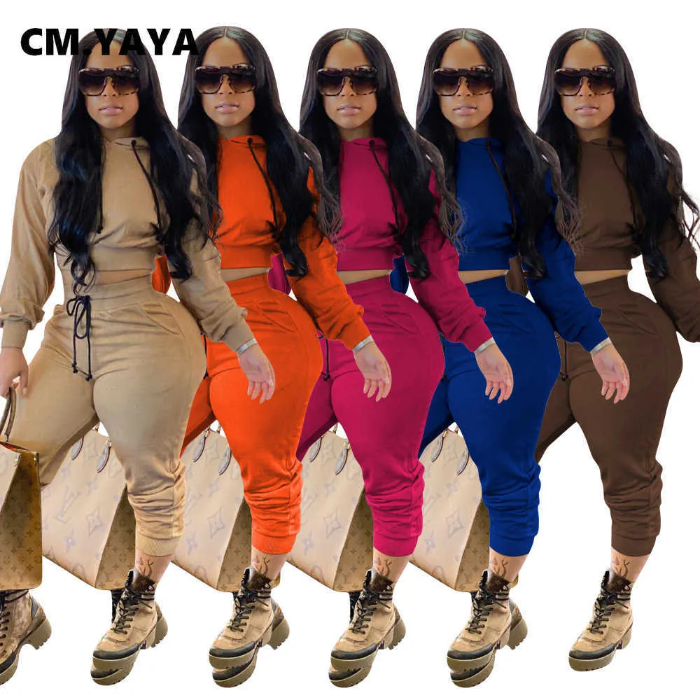 Cm.yaya Activewear Solid Classic Women's Set Mini Sweatshirt Jogger Broek Set Sportieve Trainingspak Fitness Twee Stuk Set Outfits Y0625