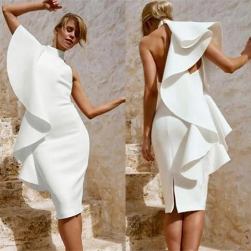 White Cocktail Dresses High Neck Ruffle Slit Prom Gowns for Evening Party