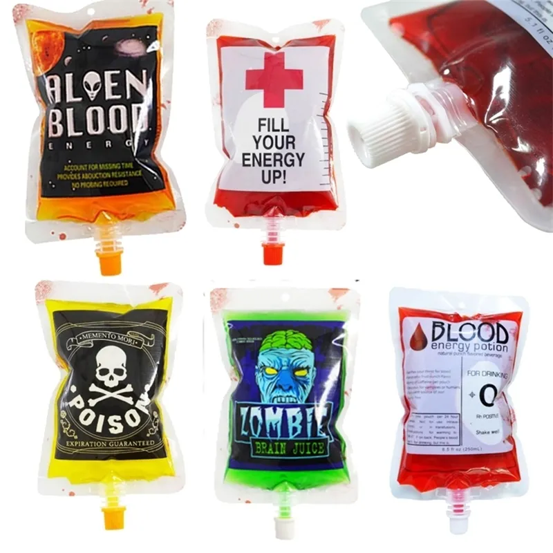 20 PCS 250 ml Halloween Vampire Blut Beutel Wiederverwendbare Schädel Getränk Behälter Wasser Flasche Dekore Beutel Requisiten Zombie Getränke Tasche Y201006