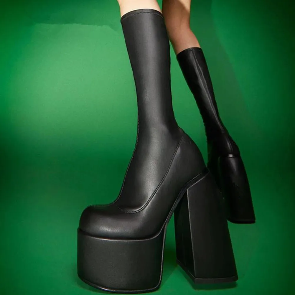 Design dropship ny sexig elegant chunky plattform kvinnor stövlar högkvalitativa comfy söta plattformar knä highs boot skor