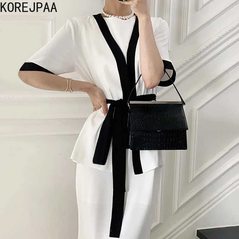Korejpaa femmes ensemble été coréen Chic tempérament col en v contraste couleur à manches courtes Cardigan veste Slim-Fit robe intérieure 210526