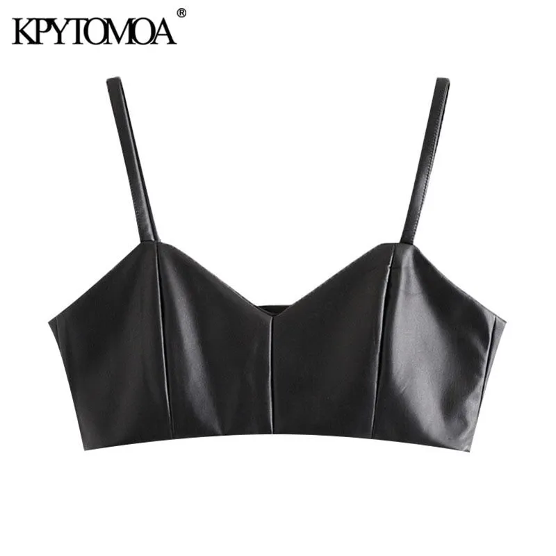 KPytomoa Mulheres 2021 Sexy Moda Faux Couro Cropped Church Top Vintage V Neck Side Zipper Grandes Correias Femininas Camis Chic Tops 210306