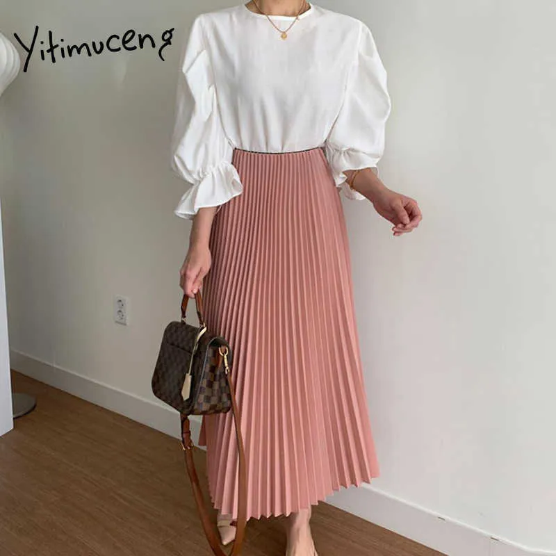 Yitimuceng 2 Piece Blouse and Skirt Women Suit Office Lady White Shirts High Waist Pink Pleated Maxi Skirts Spring Fashion 210601