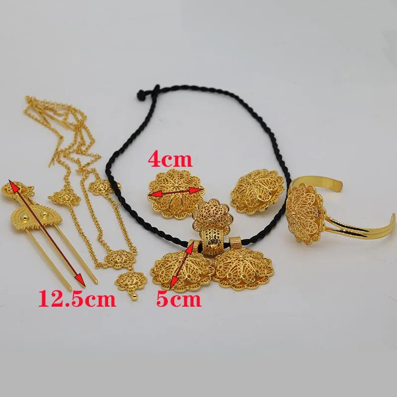 Necklace Earrings & Necklace 6pc 24k Gold Ethiopian Jewelry Sets For Women Dubai Habesha With Hairpin Head Chain African Bridal Wedding Gif